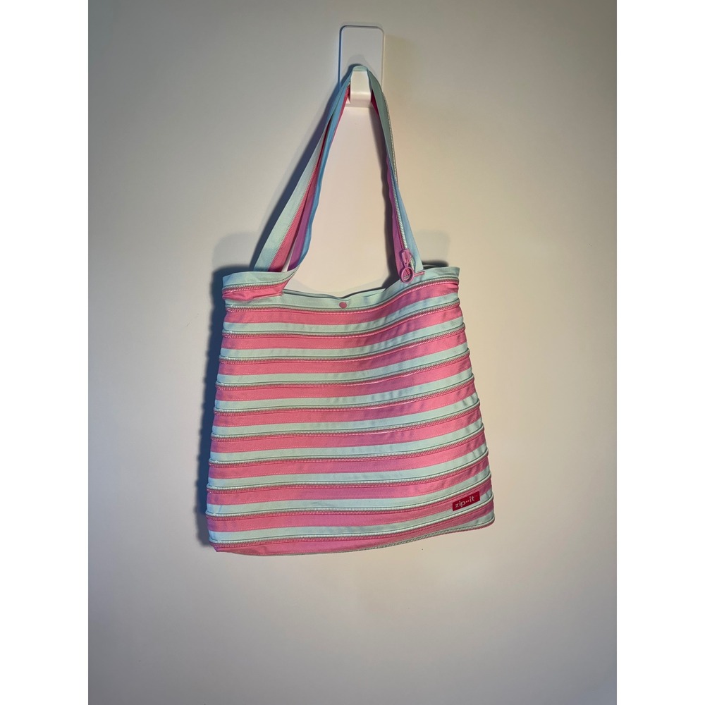 Zipit Large Tote Bag Pink Light Blue Striped Zipper Shoulder Bag Carryall